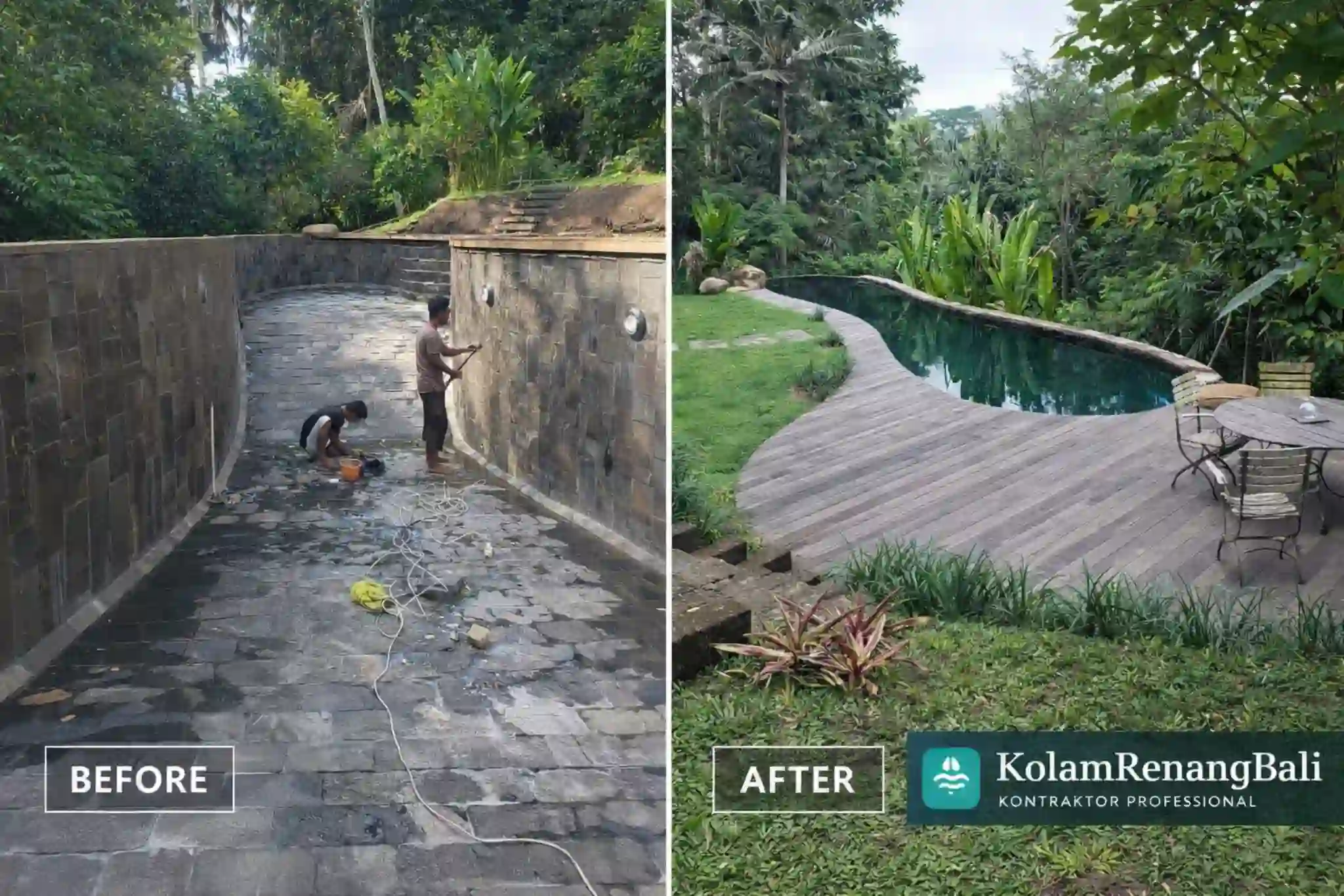 Hasil renovasi kolam renang di Bali sebelum dan sesudah perbaikan
