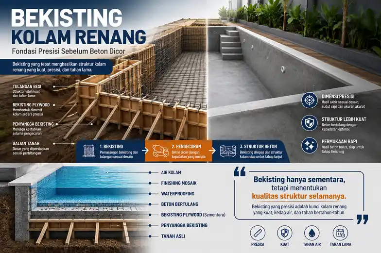 Infografis bekisting kolam renang: struktur tulangan besi, plywood bekisting, dan penyangga sebelum pengecoran, 3 tahap proses (bekisting, pengecoran, struktur beton), dan diagram penampang lapisan dinding kolam dari tanah asli hingga finishing mosaik.